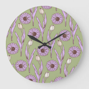 Green Lila Retro Y2K Funky Hippie Blume Muster Große Wanduhr