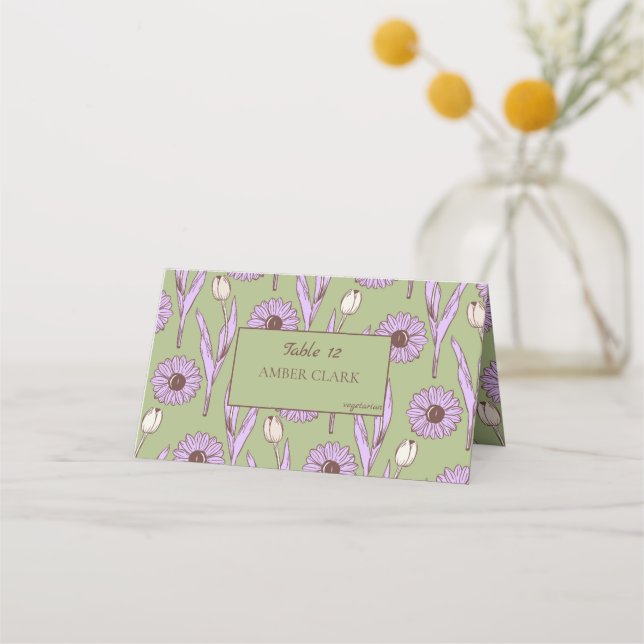 Green Lila Retro Y2K Funky Hippie Blume Muster Platzkarte (Vorderseite)