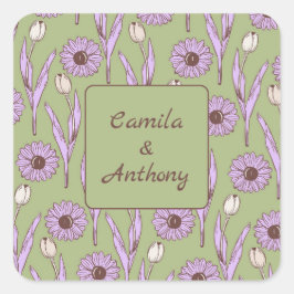 Green Lila Retro Y2K Funky Hippie Blume Muster Quadratischer Aufkleber