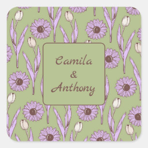 Green Lila Retro Y2K Funky Hippie Blume Muster Quadratischer Aufkleber
