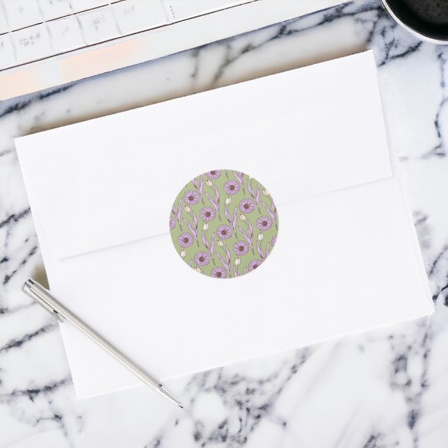 Green Lila Retro Y2K Funky Hippie Blume Muster Runder Aufkleber (Zazzle Green Purple Retro Y2K Funky Hippie Flower Pattern Sticker)