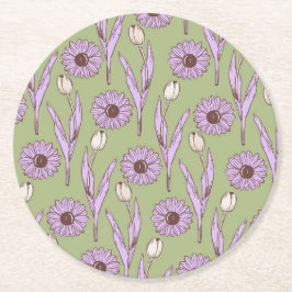 Green Lila Retro Y2K Funky Hippie Blume Muster Runder Pappuntersetzer