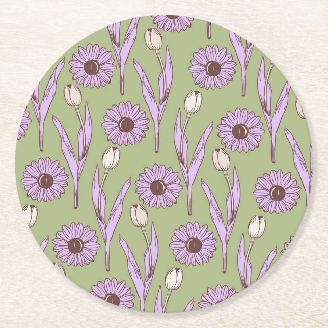 Green Lila Retro Y2K Funky Hippie Blume Muster Runder Pappuntersetzer (Vorderseite)