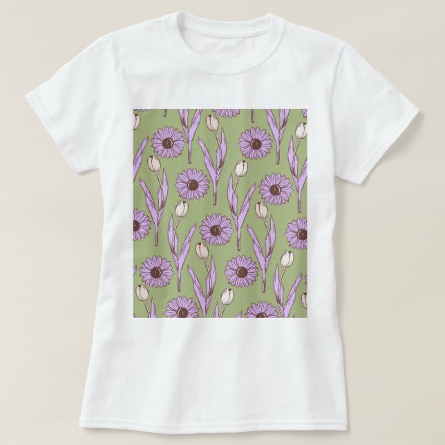 Green Lila Retro Y2K Funky Hippie Blume Muster T-Shirt (Design vorne)
