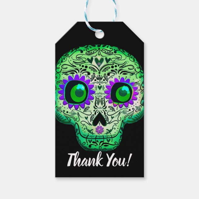 Green & Lila Sugar Skull Black Halloween-Party Geschenkanhänger (Vorderseite)