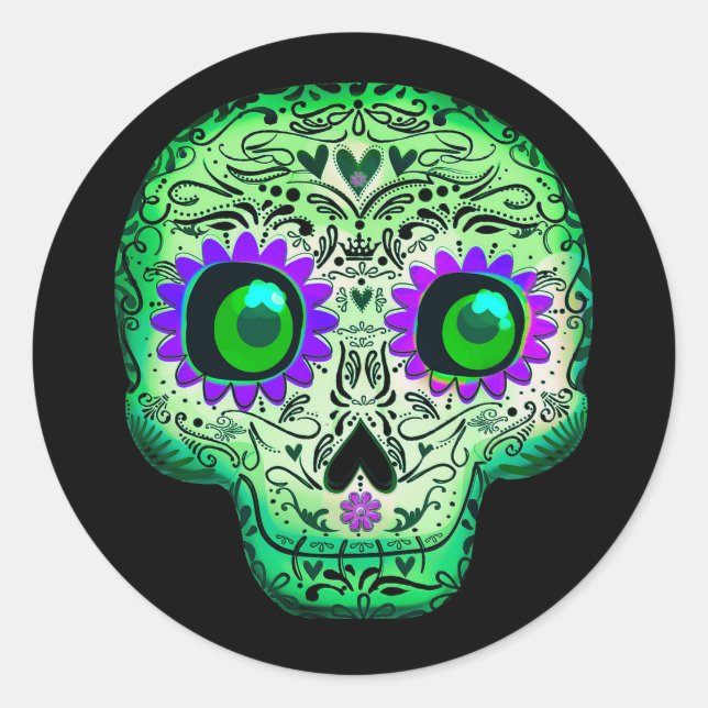 Green & Lila Sugar Skull Black Halloween-Party Runder Aufkleber (Vorderseite)