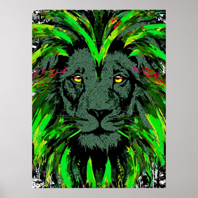 Green Lion Head Poster - Lion Face Portrait Poster (Vorne)