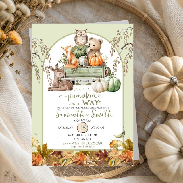 Green Little Pumpkin Woodland Animals Baby Dusche Einladung (Von Creator hochgeladen)
