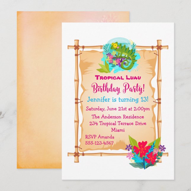Green Lizard Tropical Luau Birthday Invite Einladung (Vorne/Hinten)