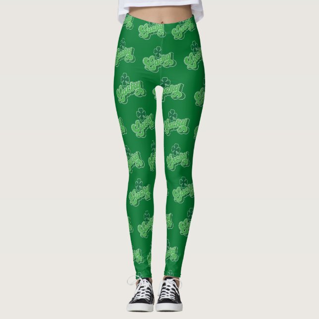 Green Lucky Clover Leaf St. Patrick's Day Leggings (Vorderseite)