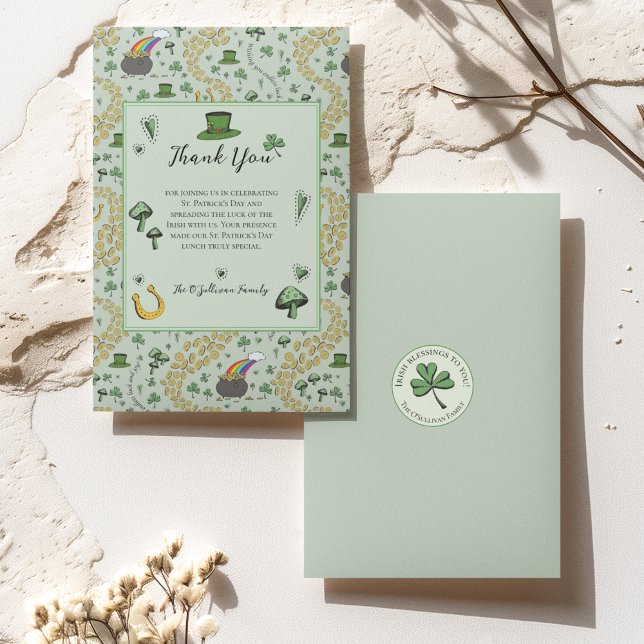 Green Lucky Jour de la Saint Patrick Carte de reme (St Patricks Day Thank You Card with Custom Message & Name. Irish Blessing on Back of the Card. 
)