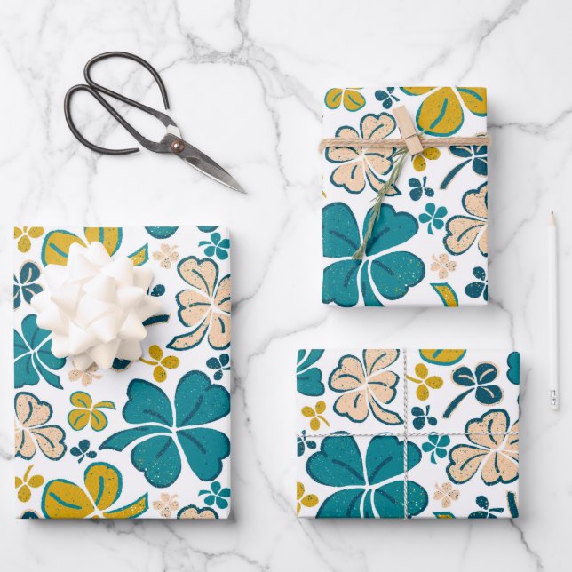 Green Lucky Kleeblatts Clover St Patrick`s Day Wra Geschenkpapier Set (Vorderseite)