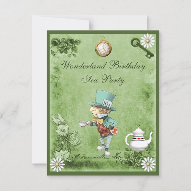 Green Mad Hatter Wonderland Birthday Tee Party Einladung (Vorderseite)