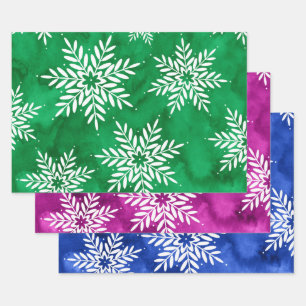 Green Magenta Abstraktes Wasserfarben Schneeflocke Geschenkpapier Set