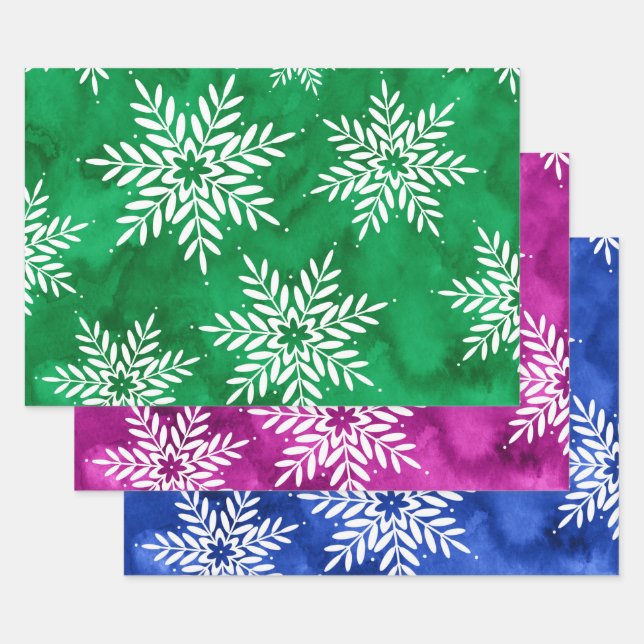 Green Magenta Abstraktes Wasserfarben Schneeflocke Geschenkpapier Set (Set)