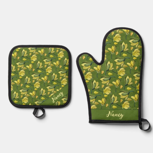 Green Magnolia Floral Personalisiert Ofenhandschuh & Topflappen-Set (Vorderseite)