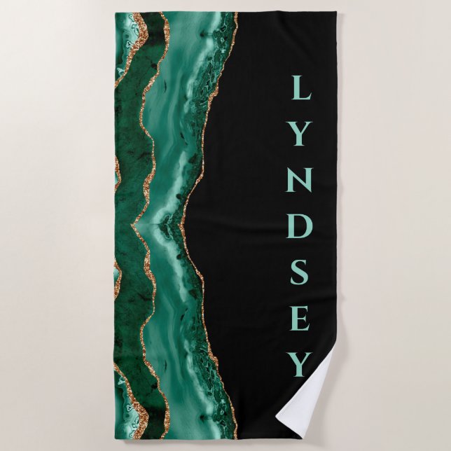 Green Malachite, Gold Glitzer - Black - Ihr Name Strandtuch (Vorderseite)