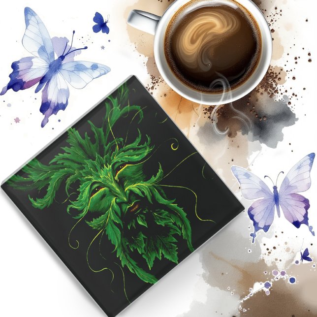 Green Man Fee Blätter Black Glasuntersetzer (Von Creator hochgeladen)