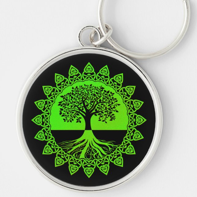 Green Mandala Celtic Tree of Life on Black Schlüsselanhänger (Vorne)
