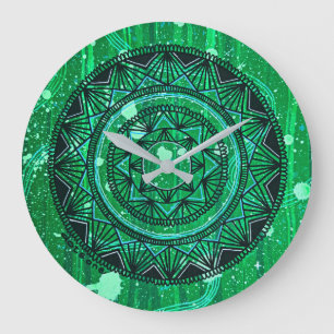 Green Mandala Clock Große Wanduhr