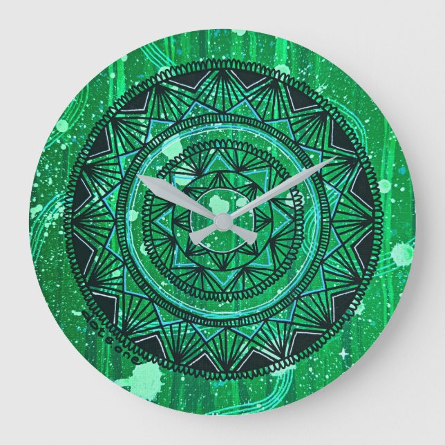 Green Mandala Clock Große Wanduhr (Vorderseite)
