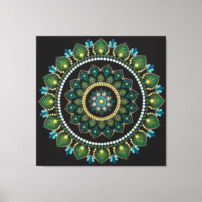Green Mandala | handbemalt | Heilige Geometrie Leinwanddruck (Vorderseite)