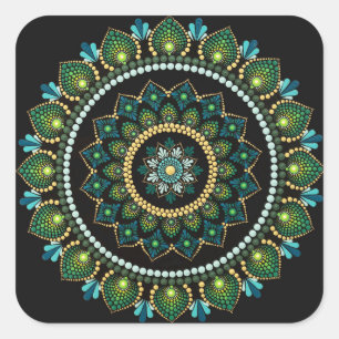 Green Mandala handbemalt Heilige Geometrie Quadratischer Aufkleber