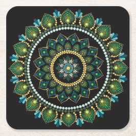 Green Mandala | handbemalt | Heilige Geometrie Rechteckiger Pappuntersetzer