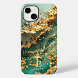 Green marble chic gold glitter monogram Case-Mate iPhone 14 hülle