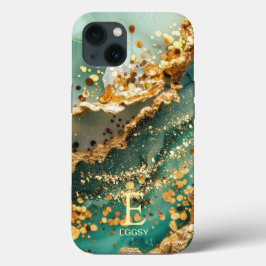 Green marble chic gold glitter monogram Case-Mate iPhone hülle