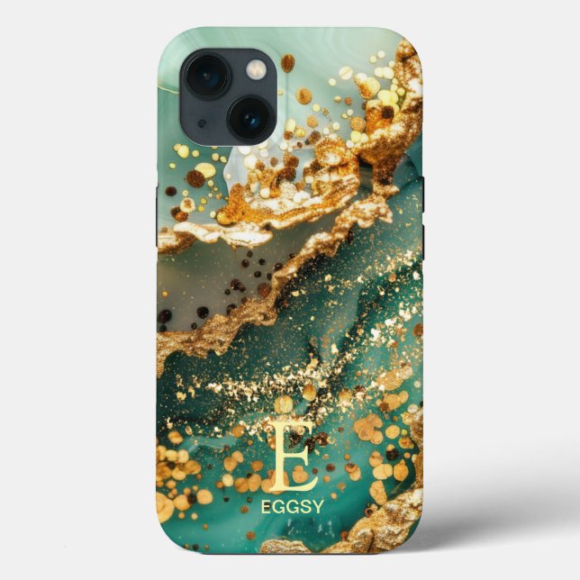Green marble chic gold glitter monogram Case-Mate iPhone hülle (Rückseite)