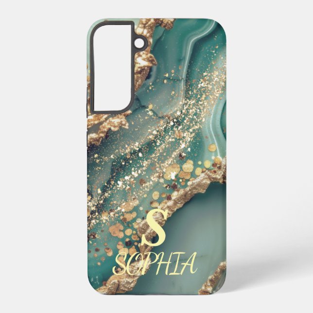Green marble chic gold glitter monogram samsung galaxy hülle (Rückseite)