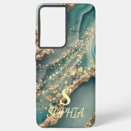 Green marble chic gold glitter monogram samsung galaxy hülle