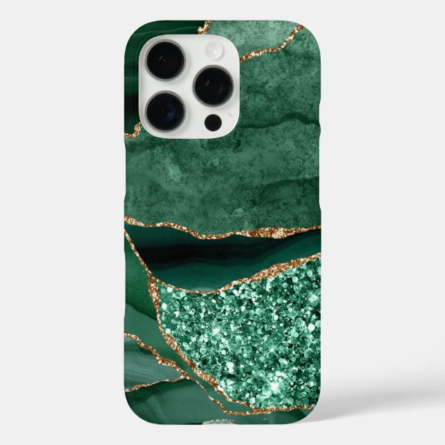 Green Marble Geode Gold Glitzer Agate iPhone 16 Pro Hülle (Rückseite)