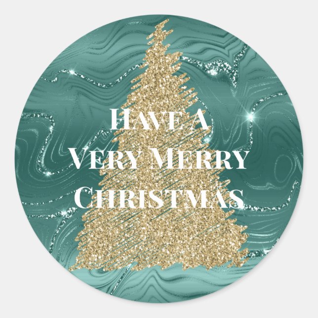 Green Marble Gold Glitzer Weihnachtsbaum Runder Aufkleber (Vorderseite)