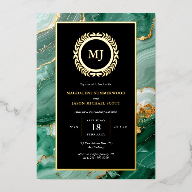 Green Marble Gold Laurel Wappen & Black Einladung (Vorderseite)