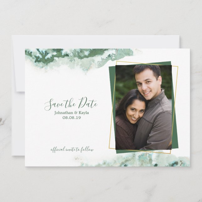 Green Marble Ombre Gold Frame Save the Date Ankündigung (Vorderseite)