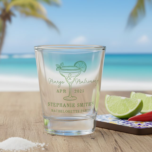 Green Margs and Matrimony Bachelorette Party  Schnapsglas (Set the tone for a lively pre-wedding celebration with this mint green “Margs & Matrimony”  glass)