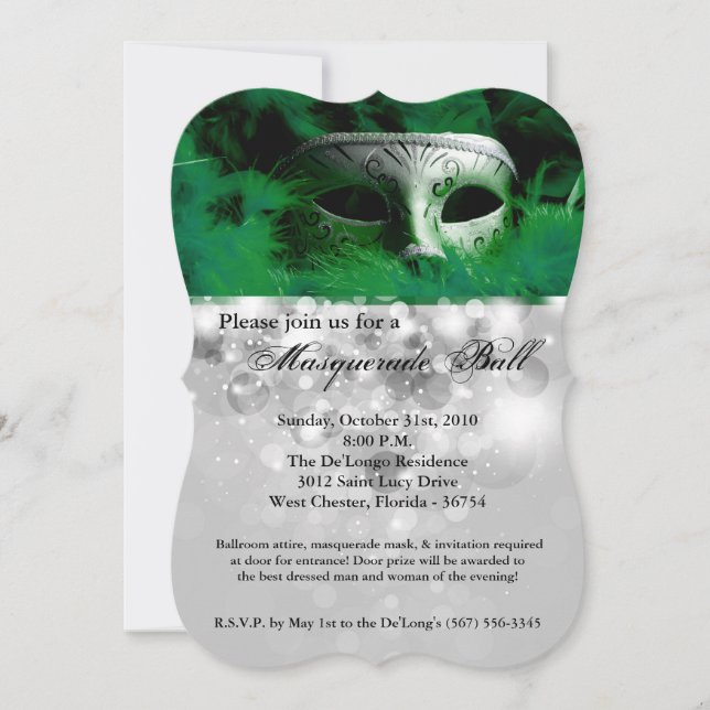 Green Masquerade Ball Maske Kostüm Halloween Teil Einladung (Vorderseite)
