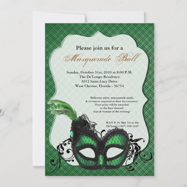 Green Masquerade Maske Ball Kostüm Halloween Einladung (Vorderseite)