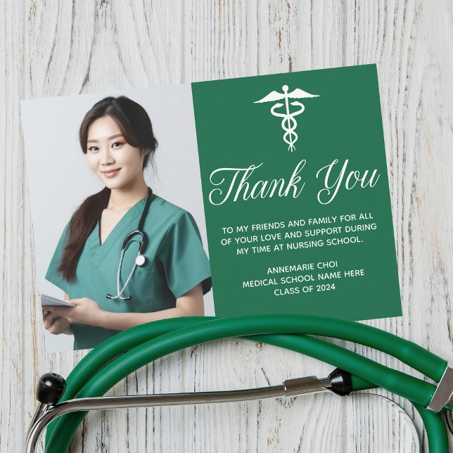 Green Medical School Graduation Photo Custom Dankeskarte (Von Creator hochgeladen)