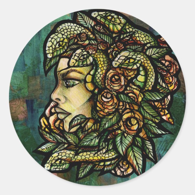 Green Medusa Snakes Rose Gorgon Runder Aufkleber (Vorderseite)