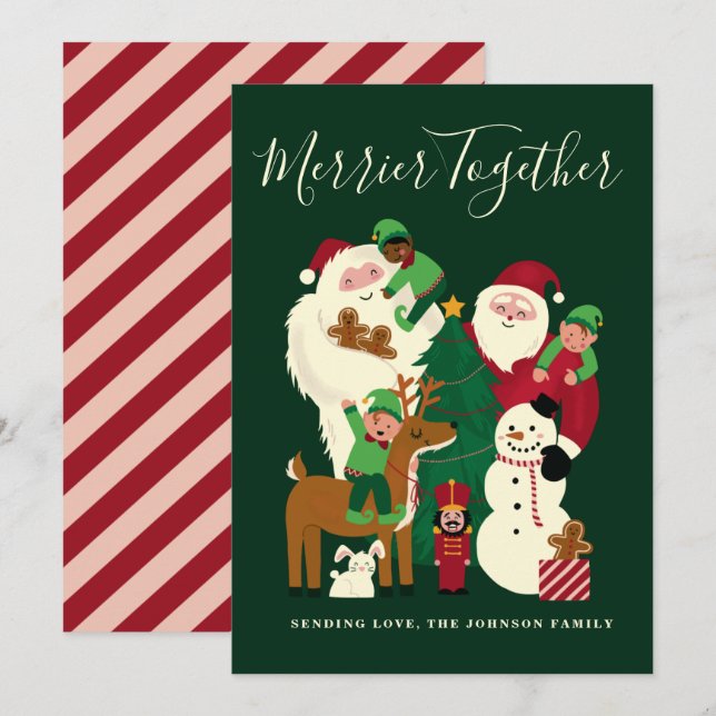 Green Merrier Together Santa and Friends Card Einladung (Vorne/Hinten)