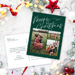 Green Merry Christmas Calligraphy Script 3 Foto Feiertagspostkarte<br><div class="desc">Green Frory Weihnachtskalligrafie Script 3 Foto Holiday Postcard verfügt über moderne Kalligrapie-Skript auf der Vorderseite,  zusammen mit drei Fotos,  und Ihre Familienbotschaft auf der Rückseite.</div>