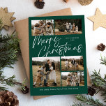 Green Merry Christmas Calligraphy Script 5 Foto Feiertagskarte<br><div class="desc">Green Frory Weihnachtskalligrafie Script 5 Foto Holiday Card bietet moderne Kalligrapie-Skript auf der Vorderseite,  zusammen mit drei Fotos,  und ein festliches Weihnachtsfest auf der Rückseite kariert.</div>