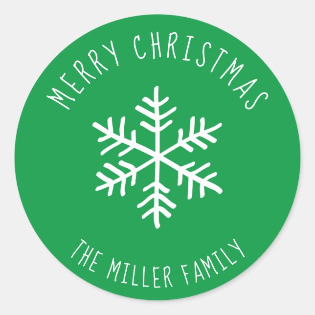 Green Merry Christmas Snowflake Personalisiert Runder Aufkleber (Vorderseite)