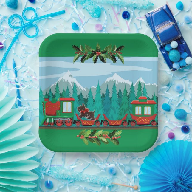 Green Merry Christmas Train Pappteller (Party)