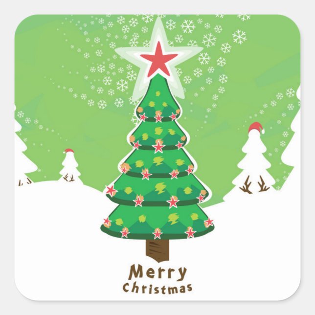 Green Merry Christmas Tree Quadratischer Aufkleber (Vorderseite)