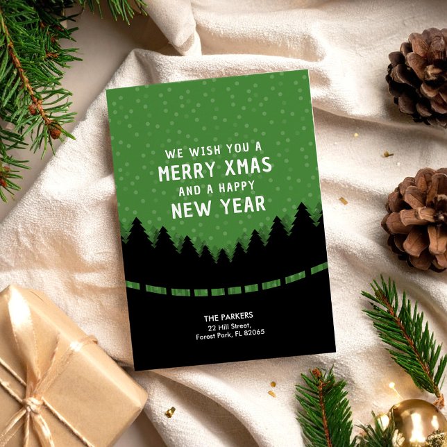 Green Merry Xmas mit Retro-Stil Wald und Schnee. Karte (Von Creator hochgeladen)