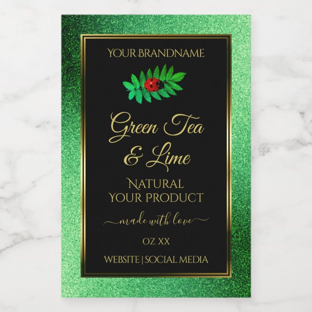 Green Metallic Glitzer Black Product Label Ladybug Lebensmitteletikett (Einzelnes Label)